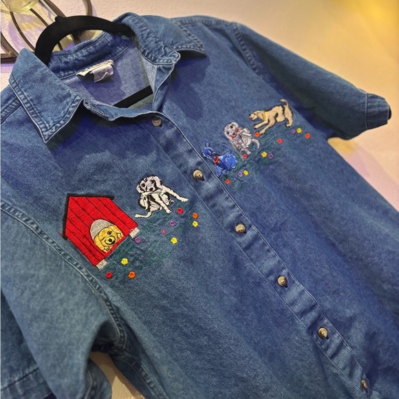 Effeci Vintage Embroidered Denim Shirt Puppy Dog Scene Size L - Picture 3 of 9